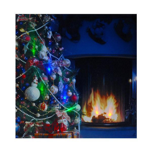 Sanifri home - Bild mit LED 40x40cm, Kunstdruck auf Leinwand, Motiv Baum und Kamin